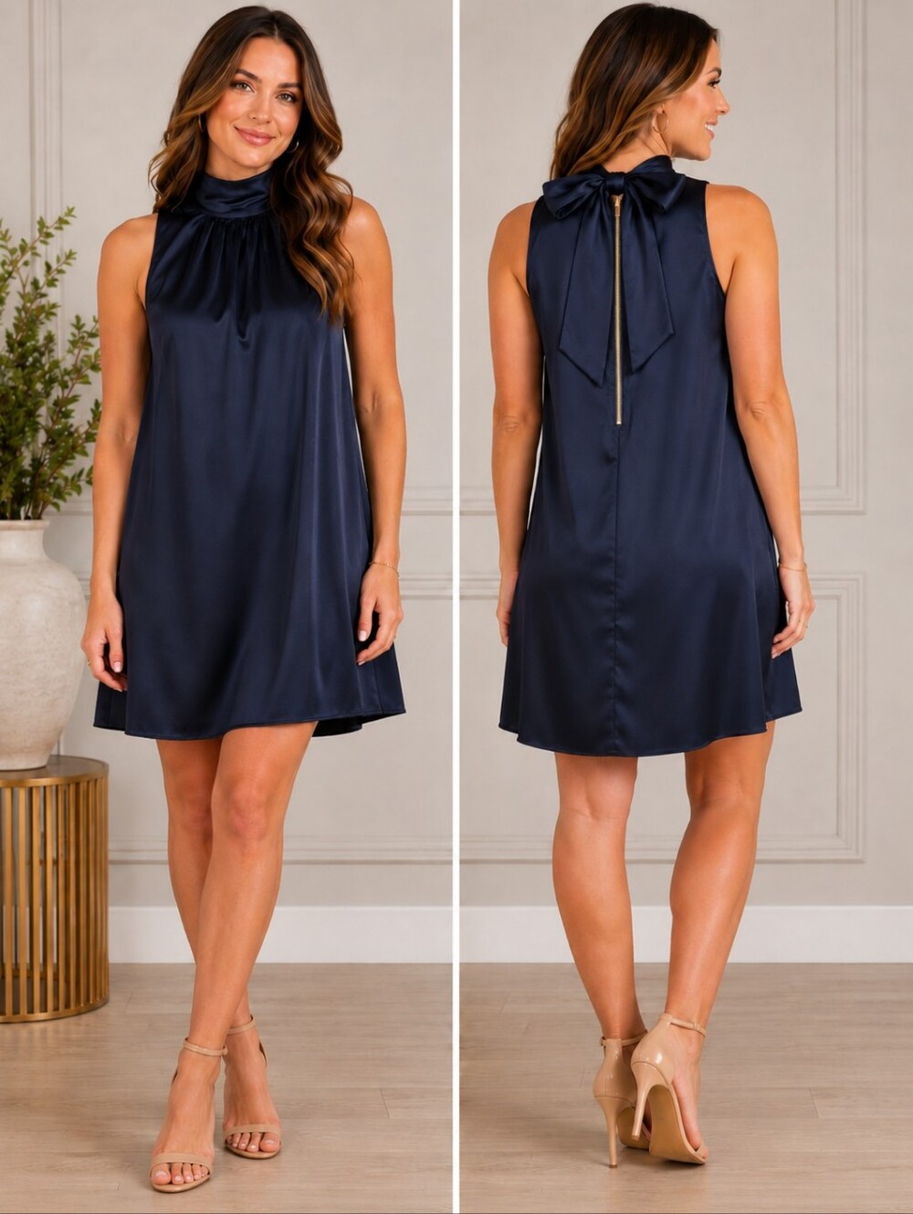 ❤️ NWOT! MARIE OLIVER SILK SATIN MOCK NECK TIE BACK MINI SHIFT DRESS, XS